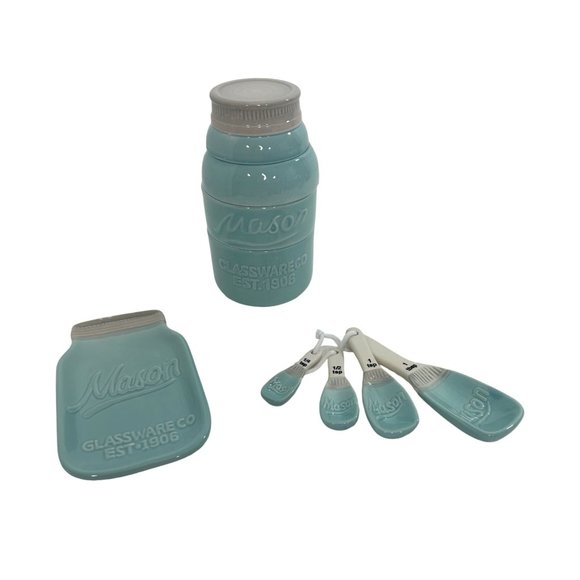 Comfify Mason Jar-Themed Measuring Cups, Spoon Rest, Spoons Aqua Blue Ceramic - Picture 1 of 16